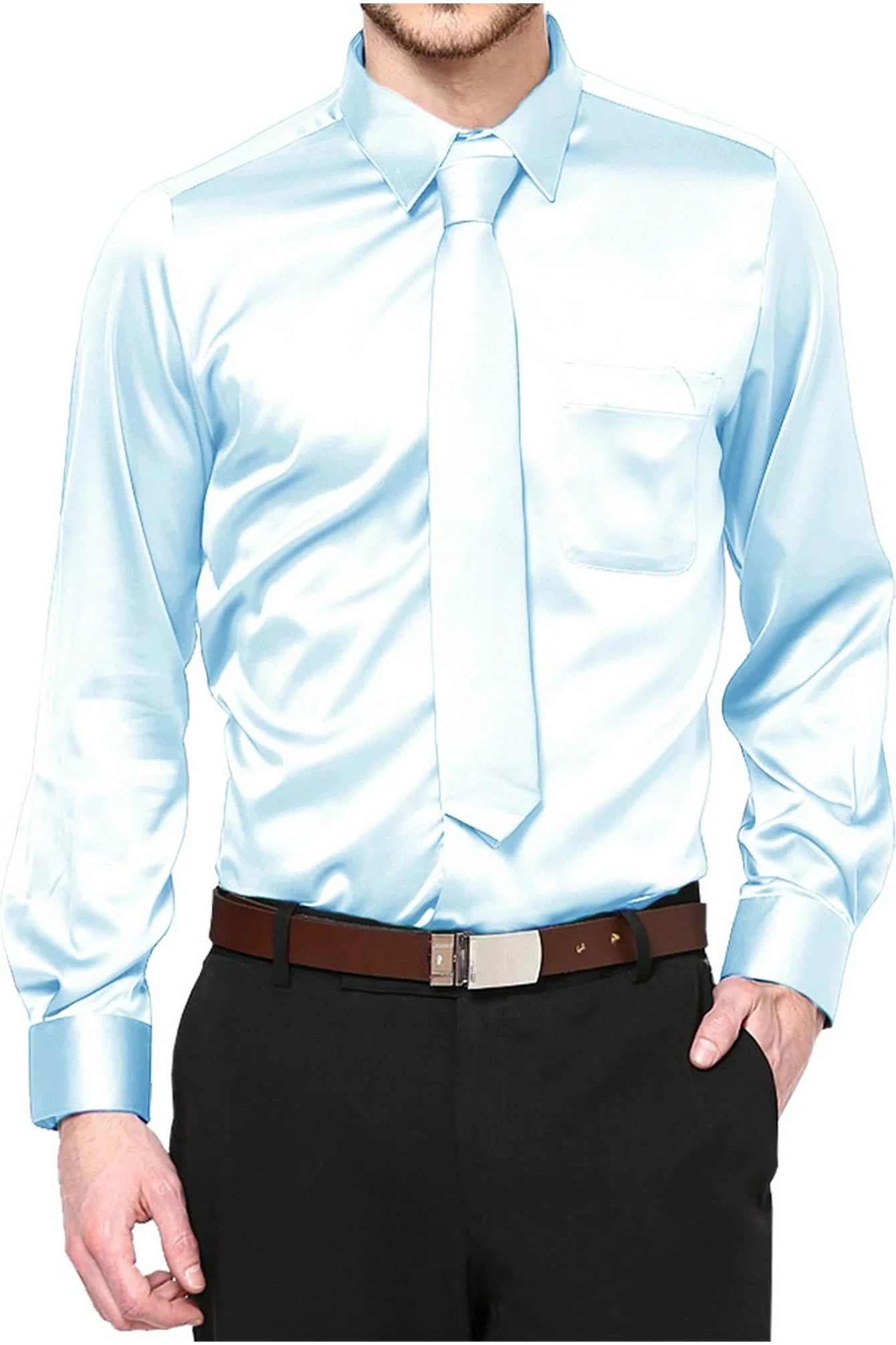 Boys Satin Long Sleeve Dress Shirt with Tie & Pocket Square