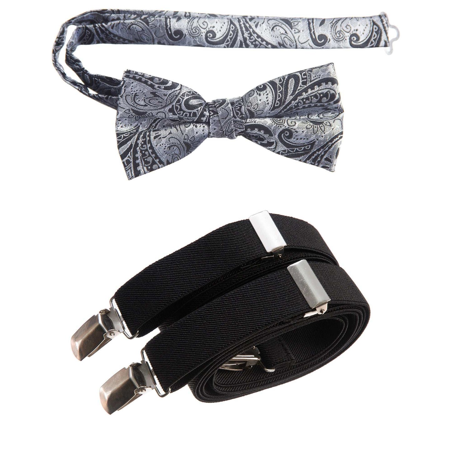 Silver and Black Pre-tied Bow Tie Paisley Jacquard and Black Adjustable Stretch Suspender Sets for Men and Boys