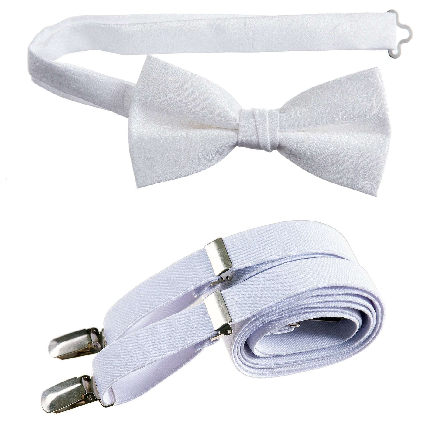 White Pre-tied Bow Tie Paisley Jacquard and Matching Adjustable Stretch Suspender Sets for Men and Boys