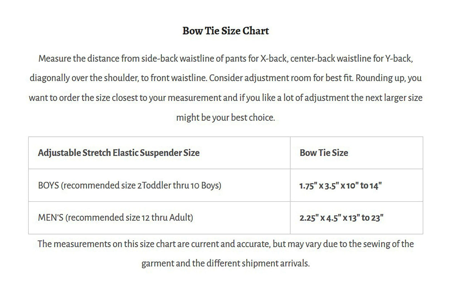 Size Chart for Selftie Bow Tie and Pocket Square Handkerchief Set for Men