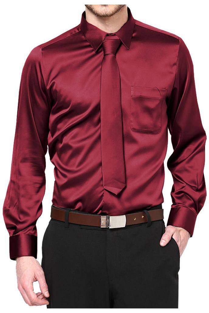 Boys Satin Long Sleeve Dress Shirt with Tie & Pocket Square