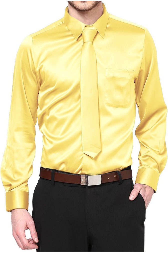 Boys Satin Long Sleeve Dress Shirt with Tie & Pocket Square
