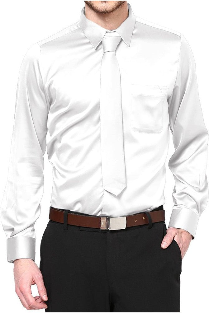 Boys Satin Long Sleeve Dress Shirt with Tie & Pocket Square