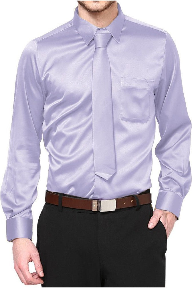 Boys Satin Long Sleeve Dress Shirt with Tie & Pocket Square