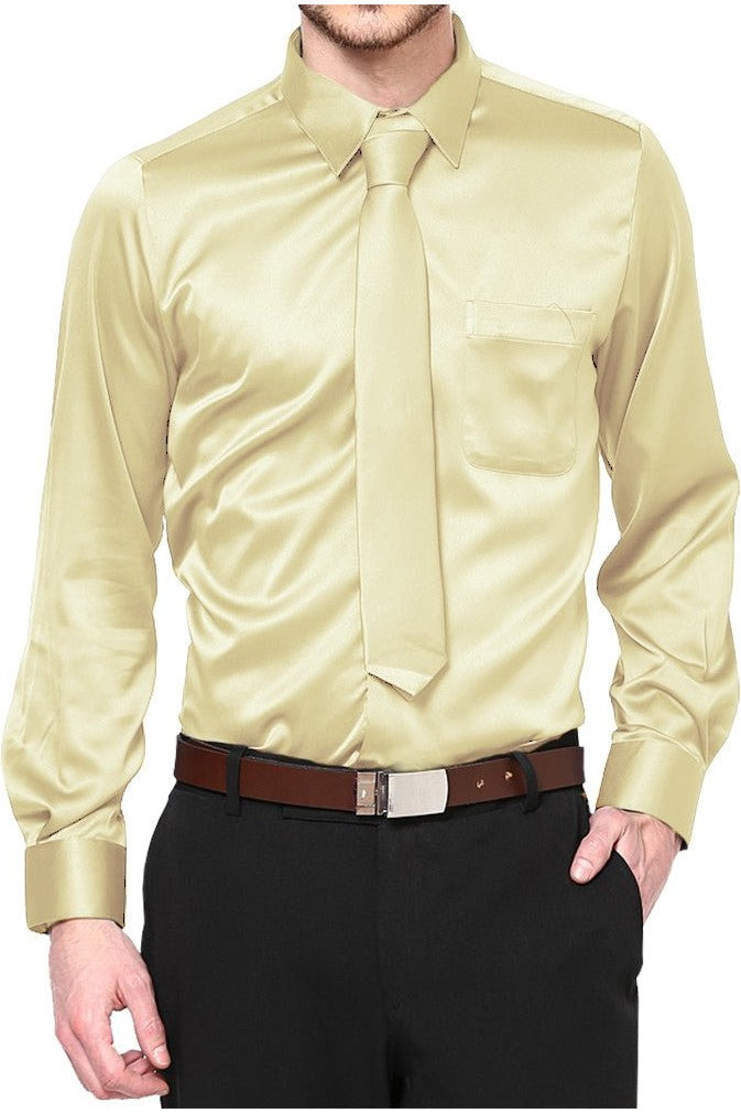 Boys Satin Long Sleeve Dress Shirt with Tie & Pocket Square