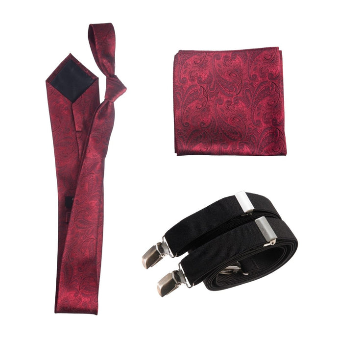 Classic Windsor Self Tie Paisley Jacquard Necktie Suspenders and Pocket Square Set - Tuxgear