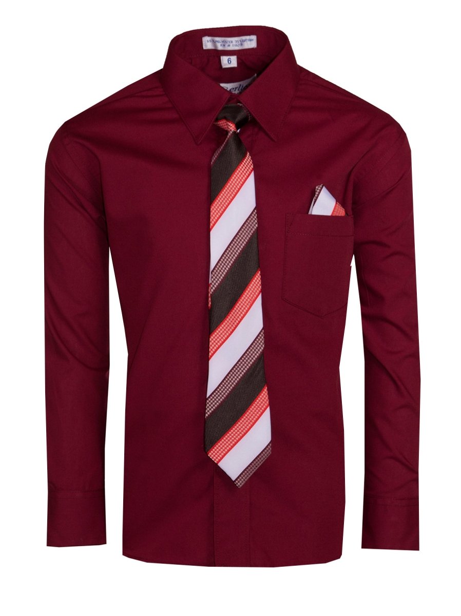 Boy's Dress Shirt with Designer Tie & Pocket Square – Formal Long Sleeve Button-Up in Multiple Colors