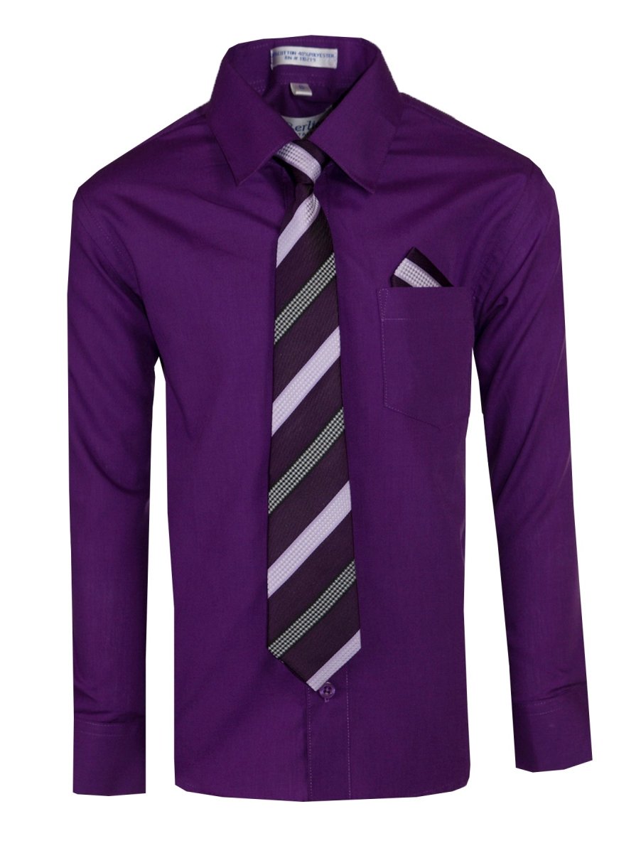 Boy's Dress Shirt with Designer Tie & Pocket Square – Formal Long Sleeve Button-Up in Multiple Colors