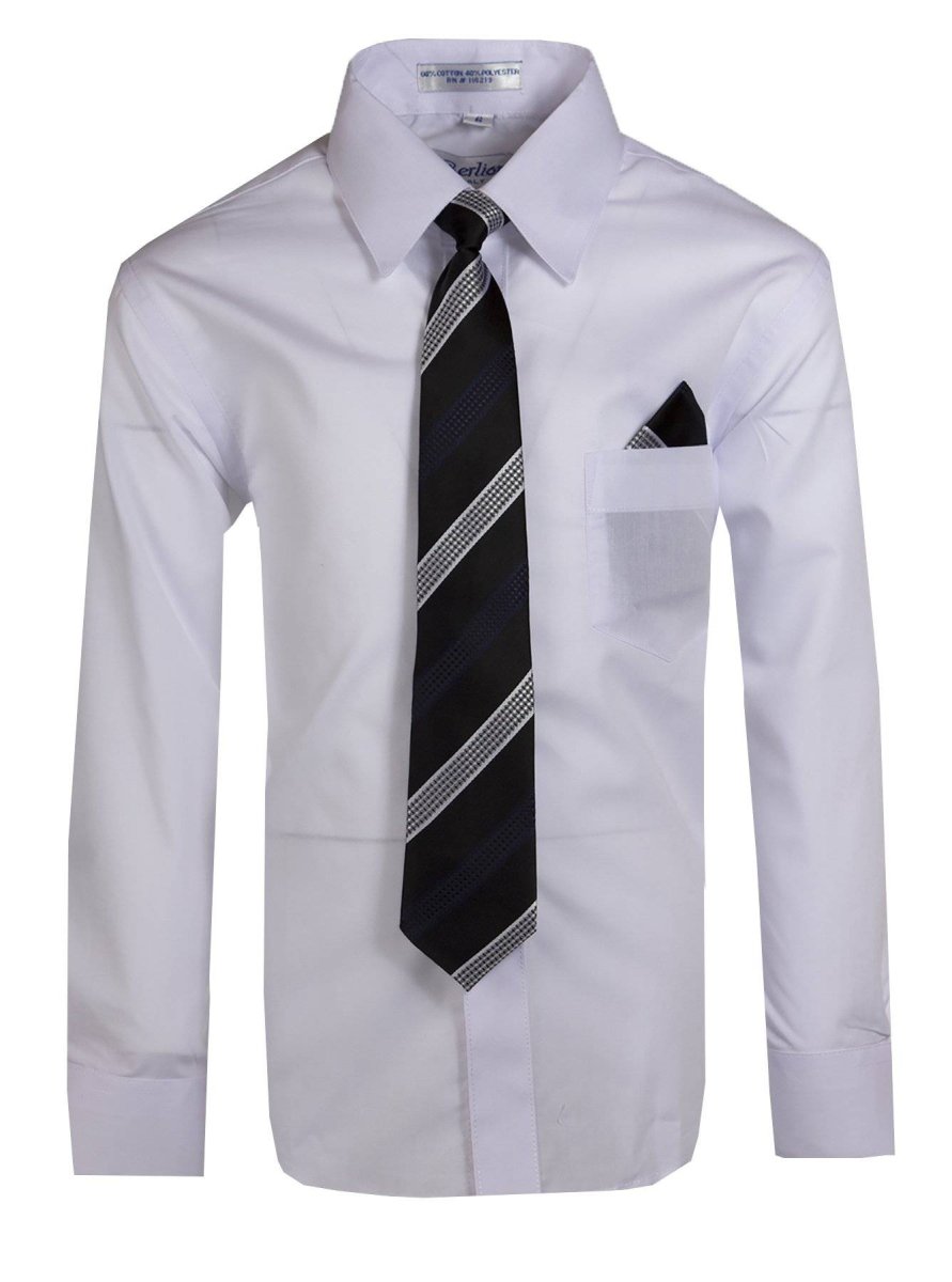 Boy's Dress Shirt with Designer Tie & Pocket Square – Formal Long Sleeve Button-Up in Multiple Colors