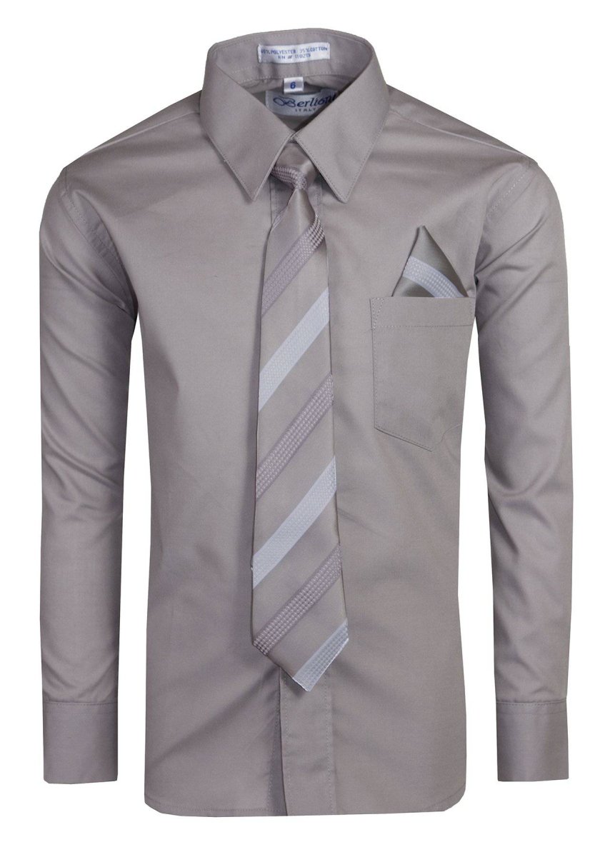Boy's Dress Shirt with Designer Tie & Pocket Square – Formal Long Sleeve Button-Up in Multiple Colors