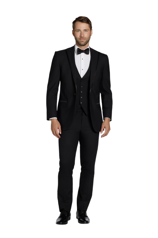 "The Colin" Men's Slim Fit Black 3 Piece 1 Button Peak Tuxedo