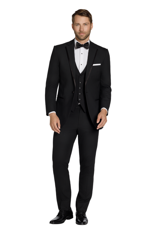 "The Simon" Men's Slim Fit Black 3 Piece 1 Button Notch Tuxedo