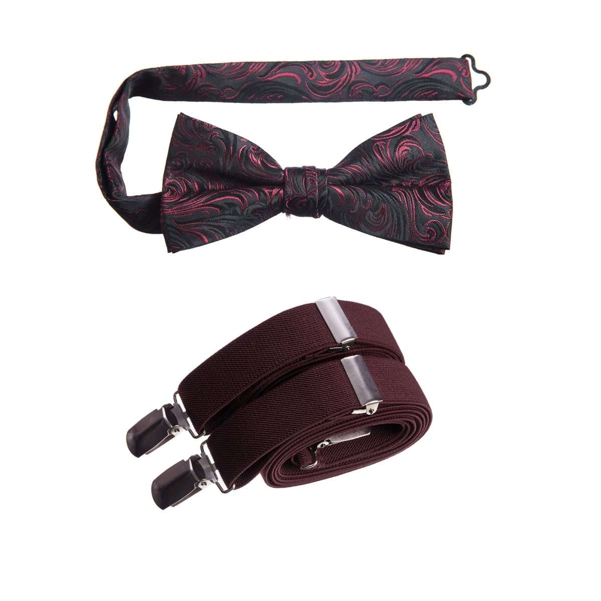 Pre - tied Bow Tie Paisley Jacquard and Adjustable Stretch Suspender Sets - Tuxgear