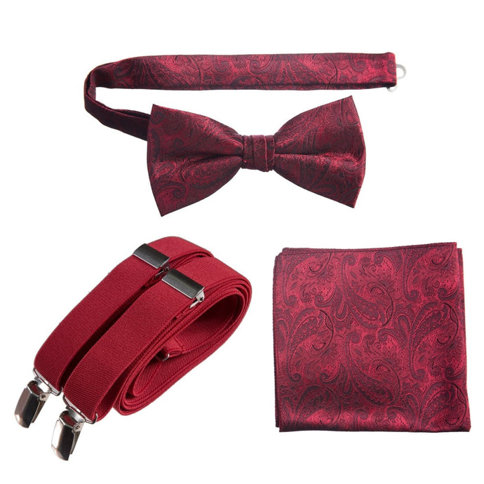 Pre-tied Bow Tie & Pocket Square Paisley Jacquard with Adjustable Stretch Suspender - Tuxgear