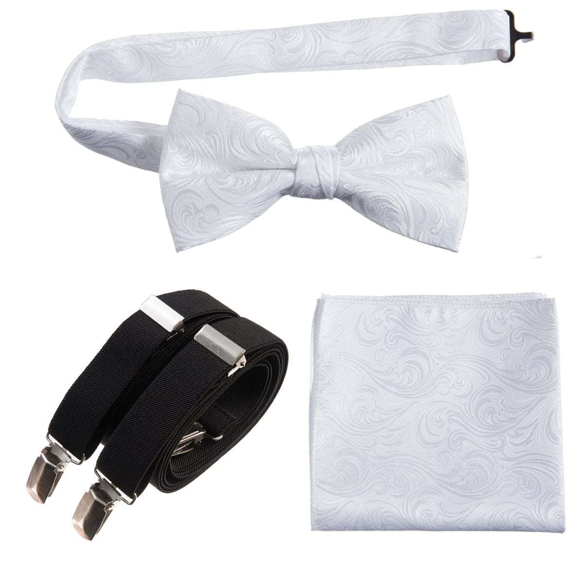 Pre - tied Bow Tie & Pocket Square Paisley Jacquard with Adjustable Stretch Suspender - Tuxgear