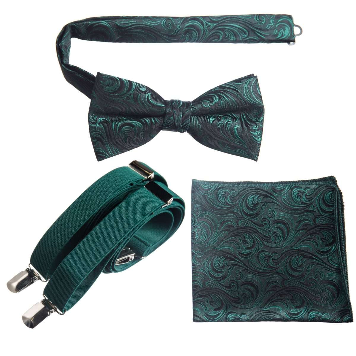 Pre - tied Bow Tie & Pocket Square Paisley Jacquard with Adjustable Stretch Suspender - Tuxgear