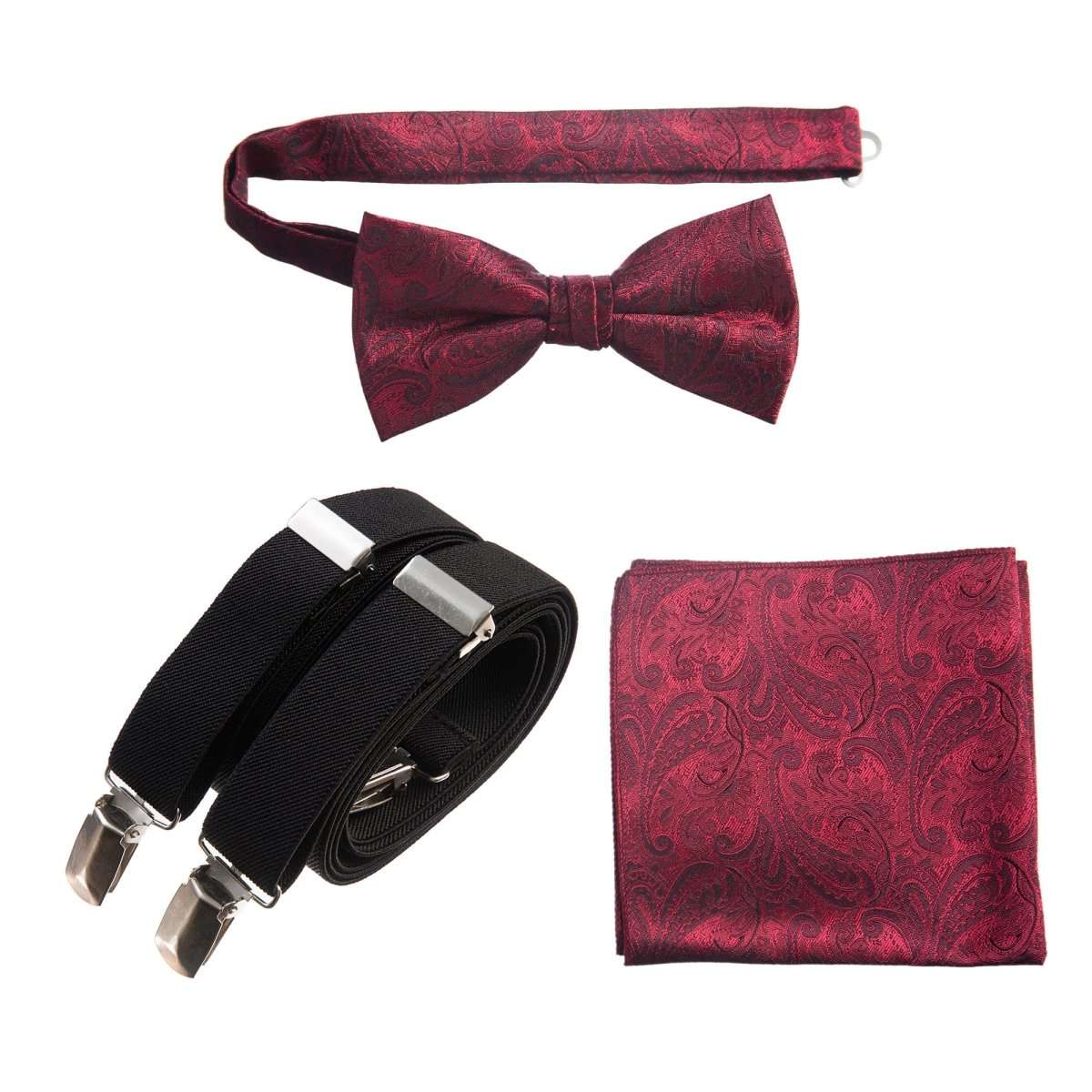 Pre - tied Bow Tie & Pocket Square Paisley Jacquard with Adjustable Stretch Suspender - Tuxgear