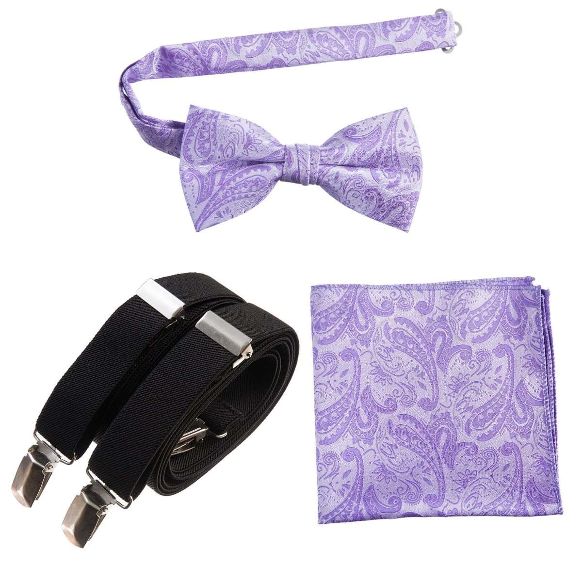 Pre - tied Bow Tie & Pocket Square Paisley Jacquard with Adjustable Stretch Suspender - Tuxgear