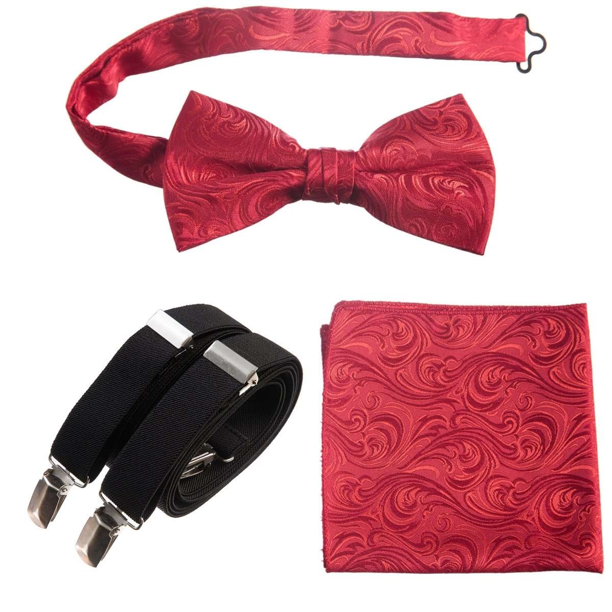 Pre - tied Bow Tie & Pocket Square Paisley Jacquard with Adjustable Stretch Suspender - Tuxgear