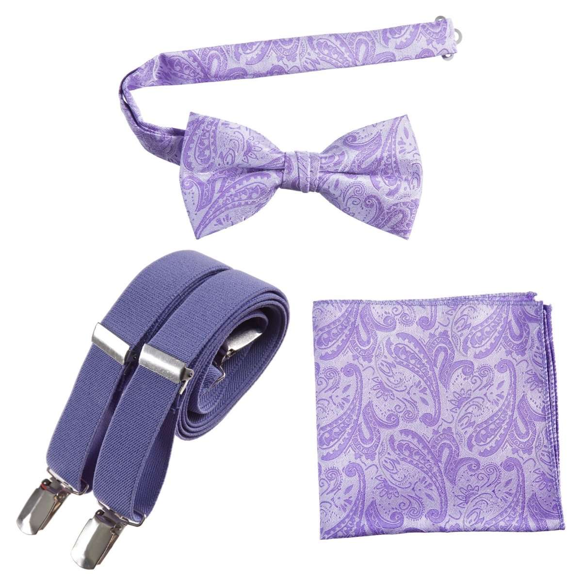 Pre - tied Bow Tie & Pocket Square Paisley Jacquard with Adjustable Stretch Suspender - Tuxgear
