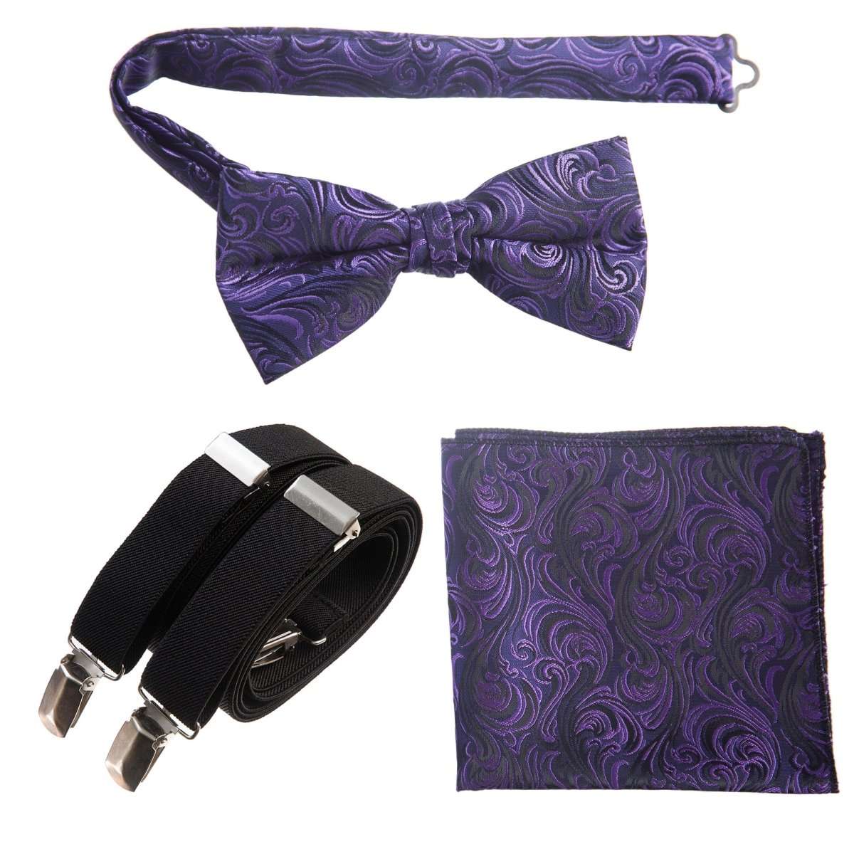 Pre - tied Bow Tie & Pocket Square Paisley Jacquard with Adjustable Stretch Suspender - Tuxgear