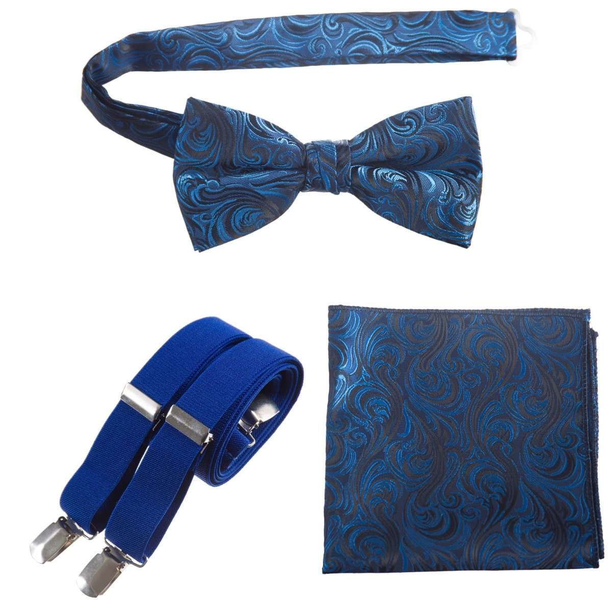 Pre - tied Bow Tie & Pocket Square Paisley Jacquard with Adjustable Stretch Suspender - Tuxgear