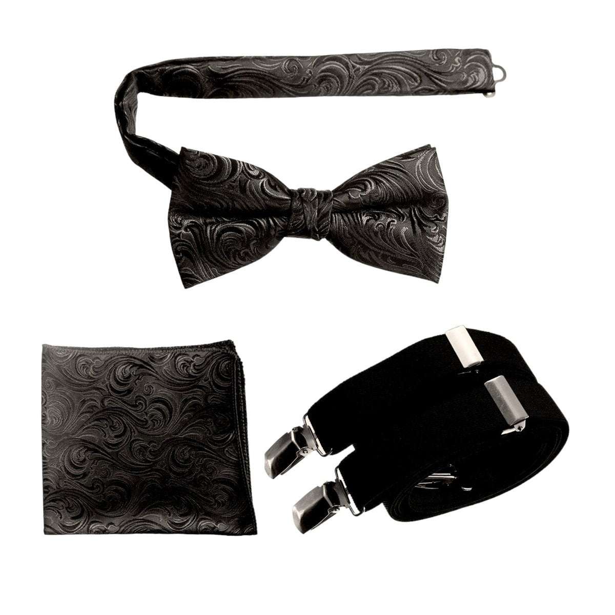 Pre - tied Bow Tie & Pocket Square Paisley Jacquard with Adjustable Stretch Suspender - Tuxgear