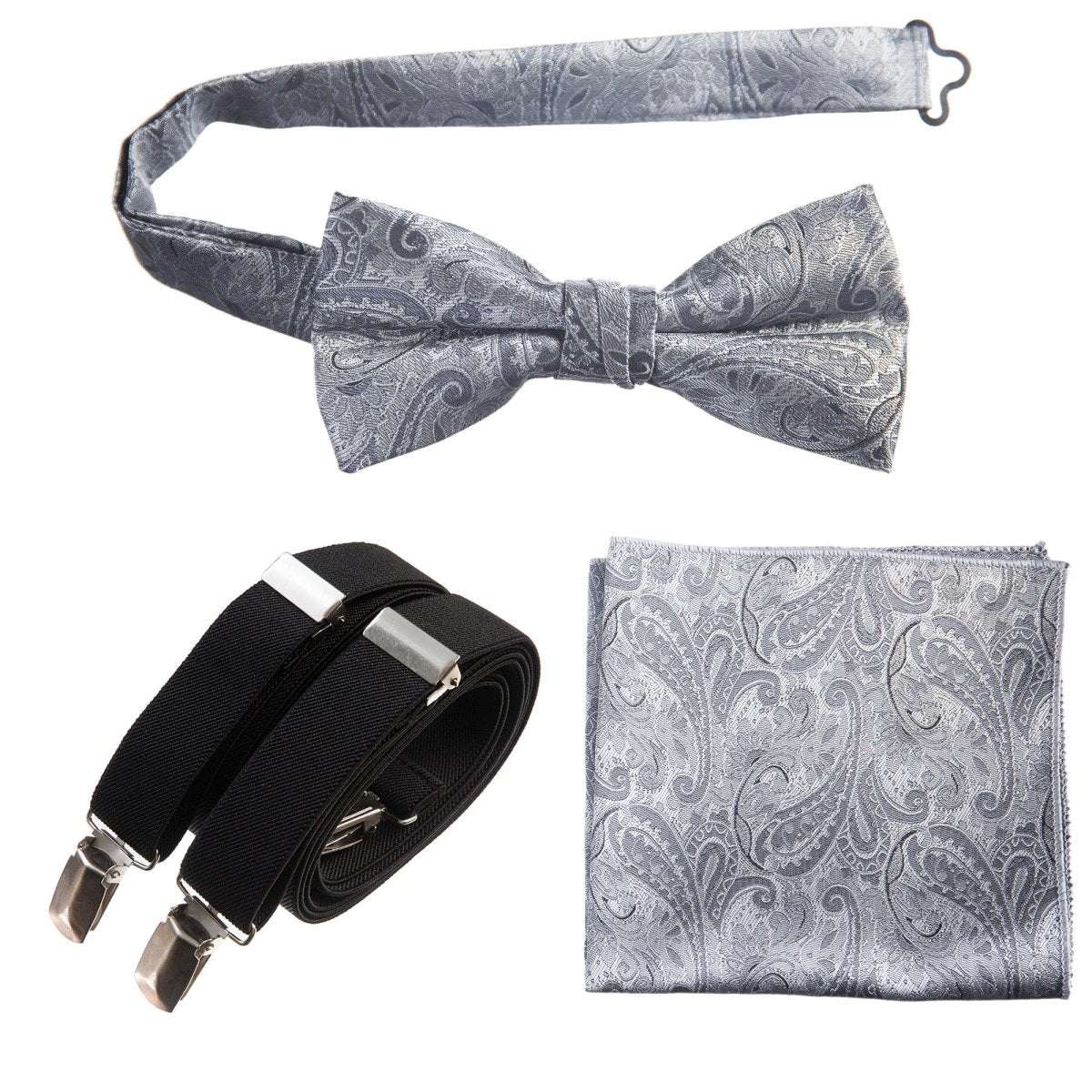 Pre - tied Bow Tie & Pocket Square Paisley Jacquard with Adjustable Stretch Suspender - Tuxgear