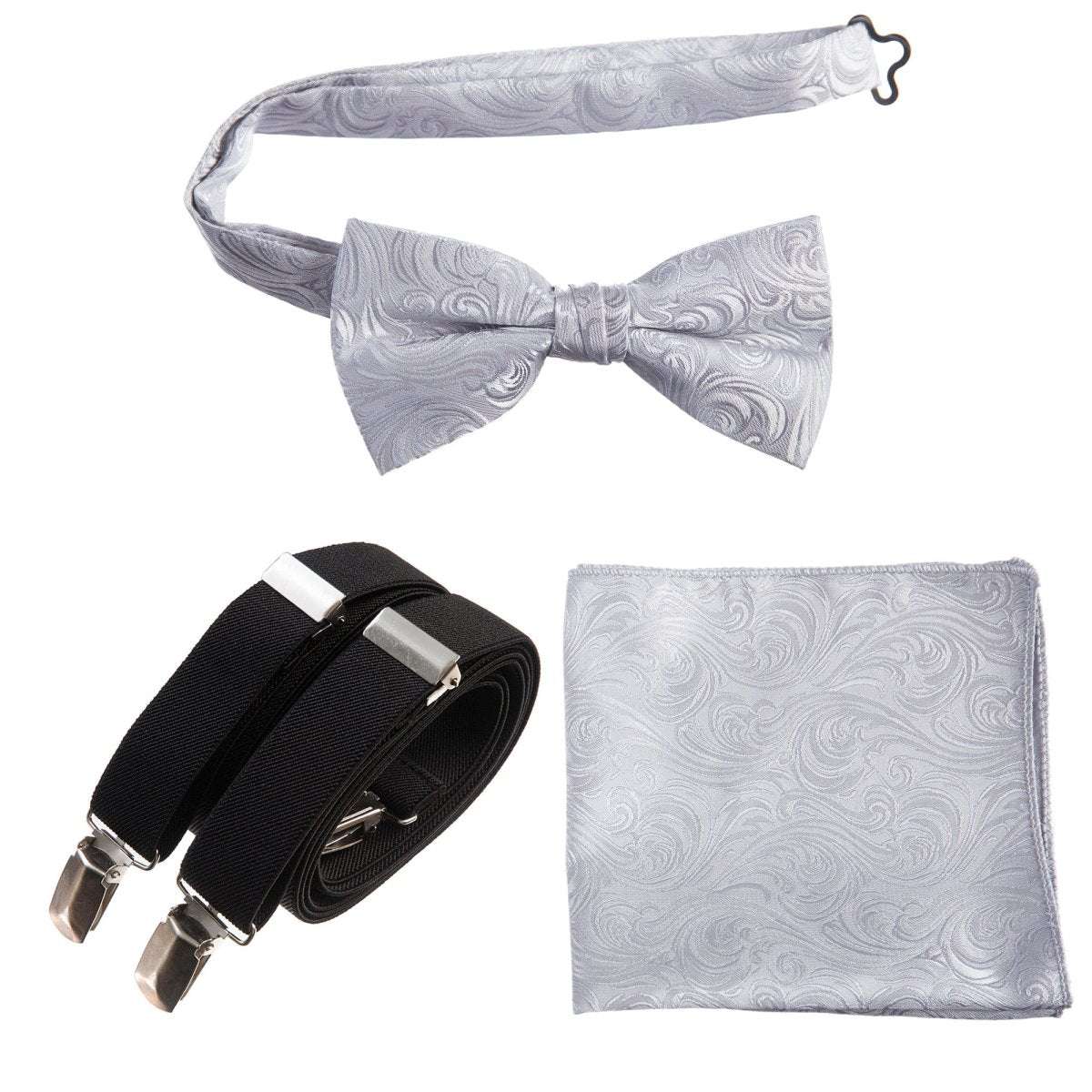 Pre - tied Bow Tie & Pocket Square Paisley Jacquard with Adjustable Stretch Suspender - Tuxgear