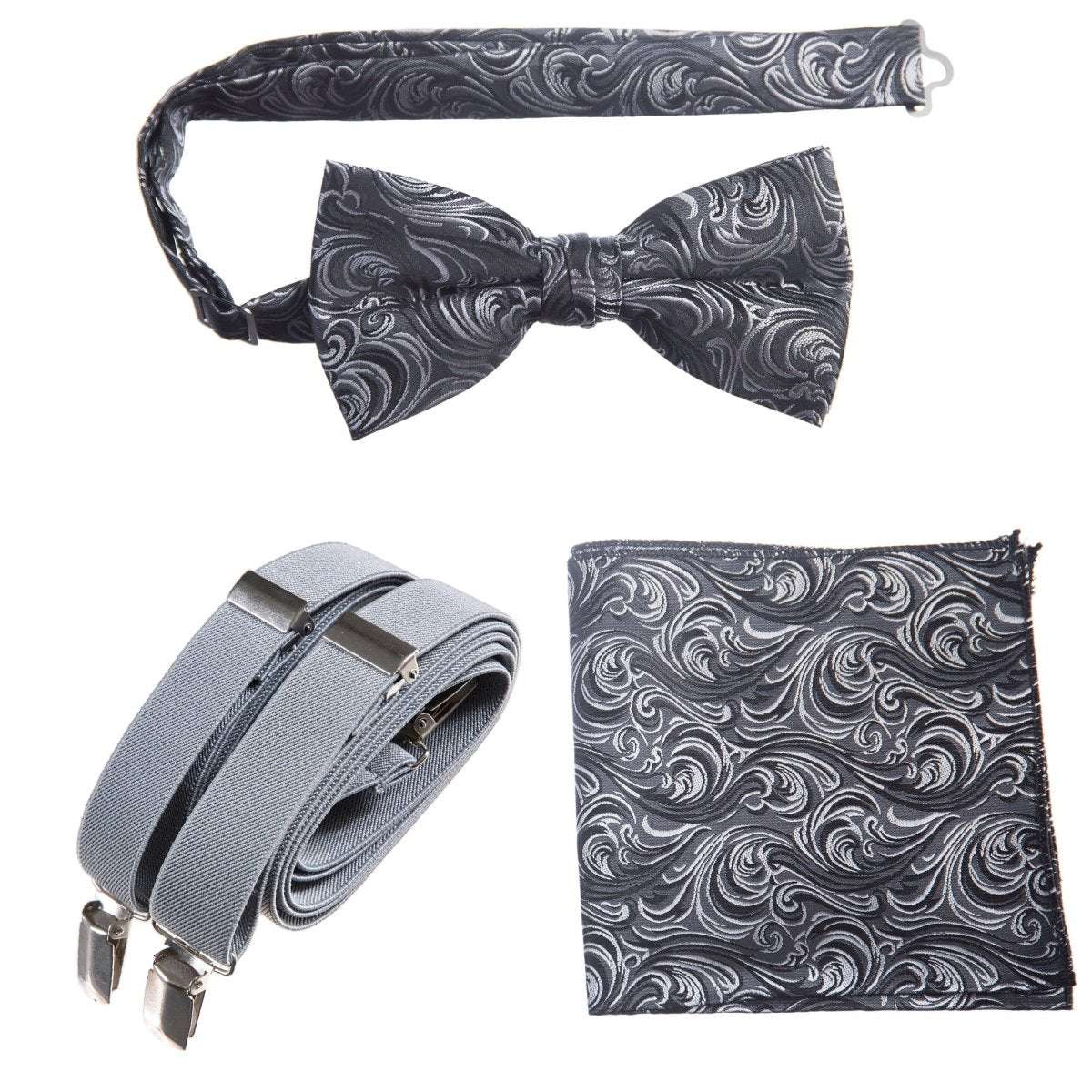 Pre - tied Bow Tie & Pocket Square Paisley Jacquard with Adjustable Stretch Suspender - Tuxgear