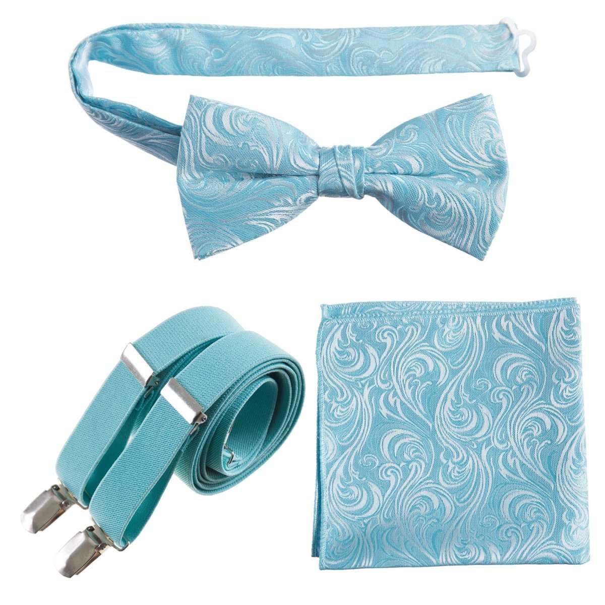 Pre - tied Bow Tie & Pocket Square Paisley Jacquard with Adjustable Stretch Suspender - Tuxgear