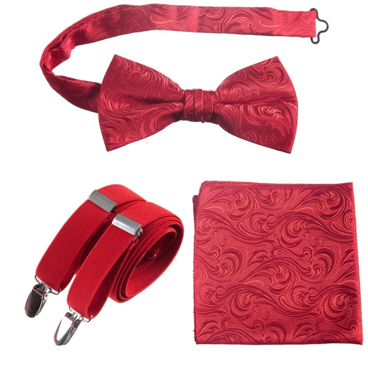 Pre - tied Bow Tie & Pocket Square Paisley Jacquard with Adjustable Stretch Suspender - Tuxgear
