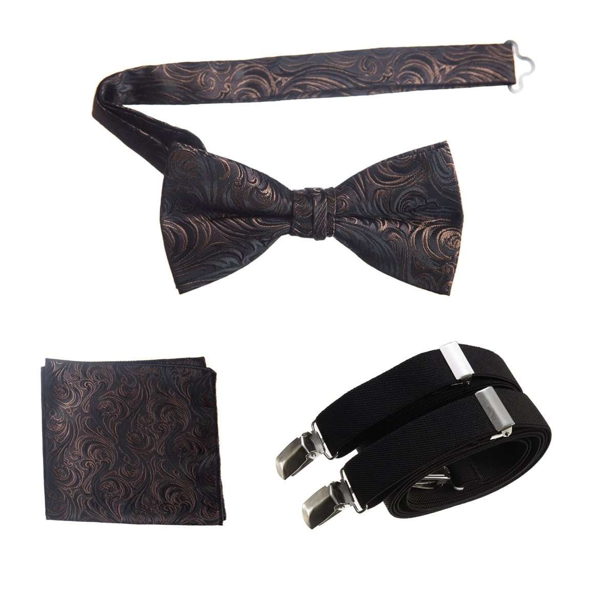 Pre - tied Bow Tie & Pocket Square Paisley Jacquard with Adjustable Stretch Suspender - Tuxgear