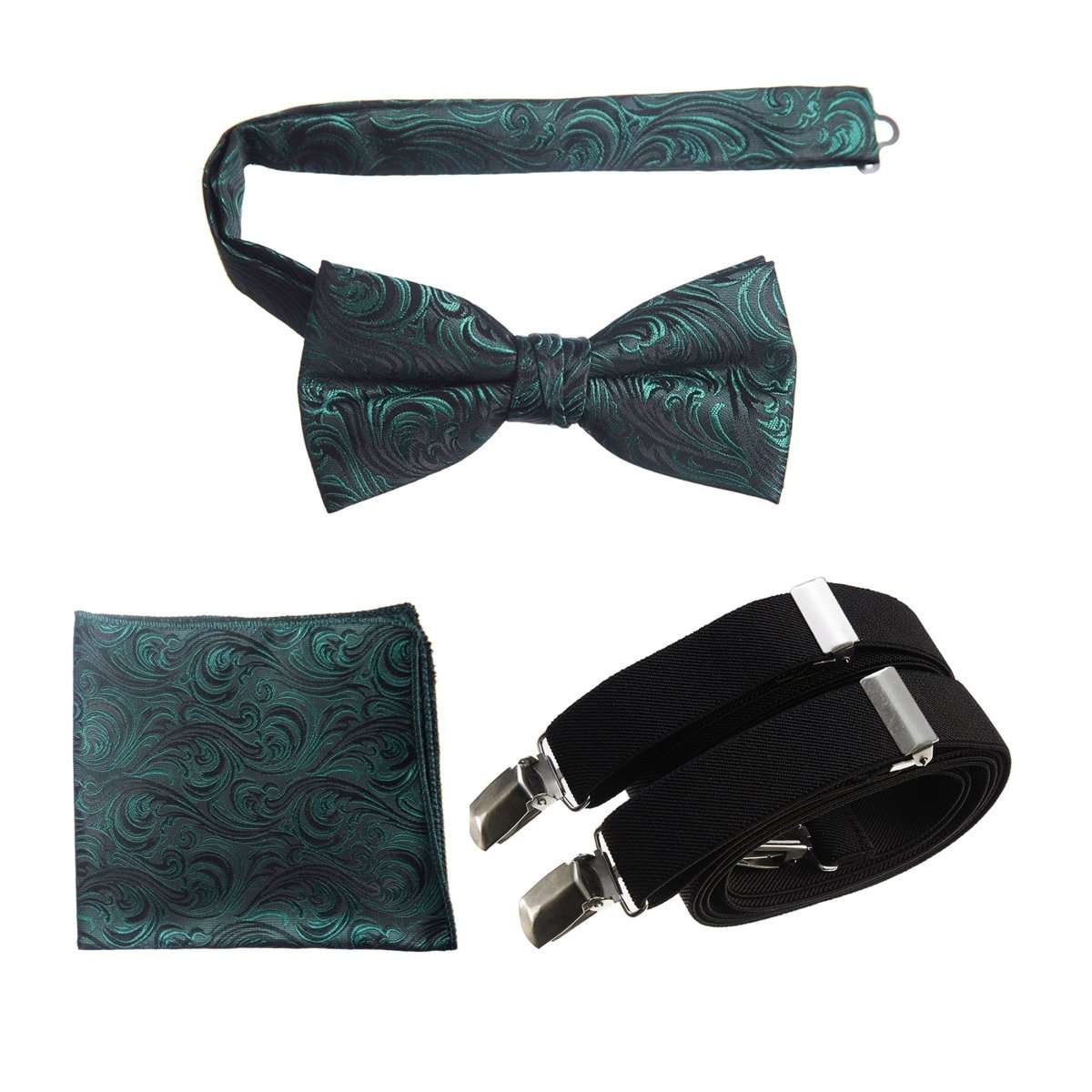 Pre - tied Bow Tie & Pocket Square Paisley Jacquard with Adjustable Stretch Suspender - Tuxgear