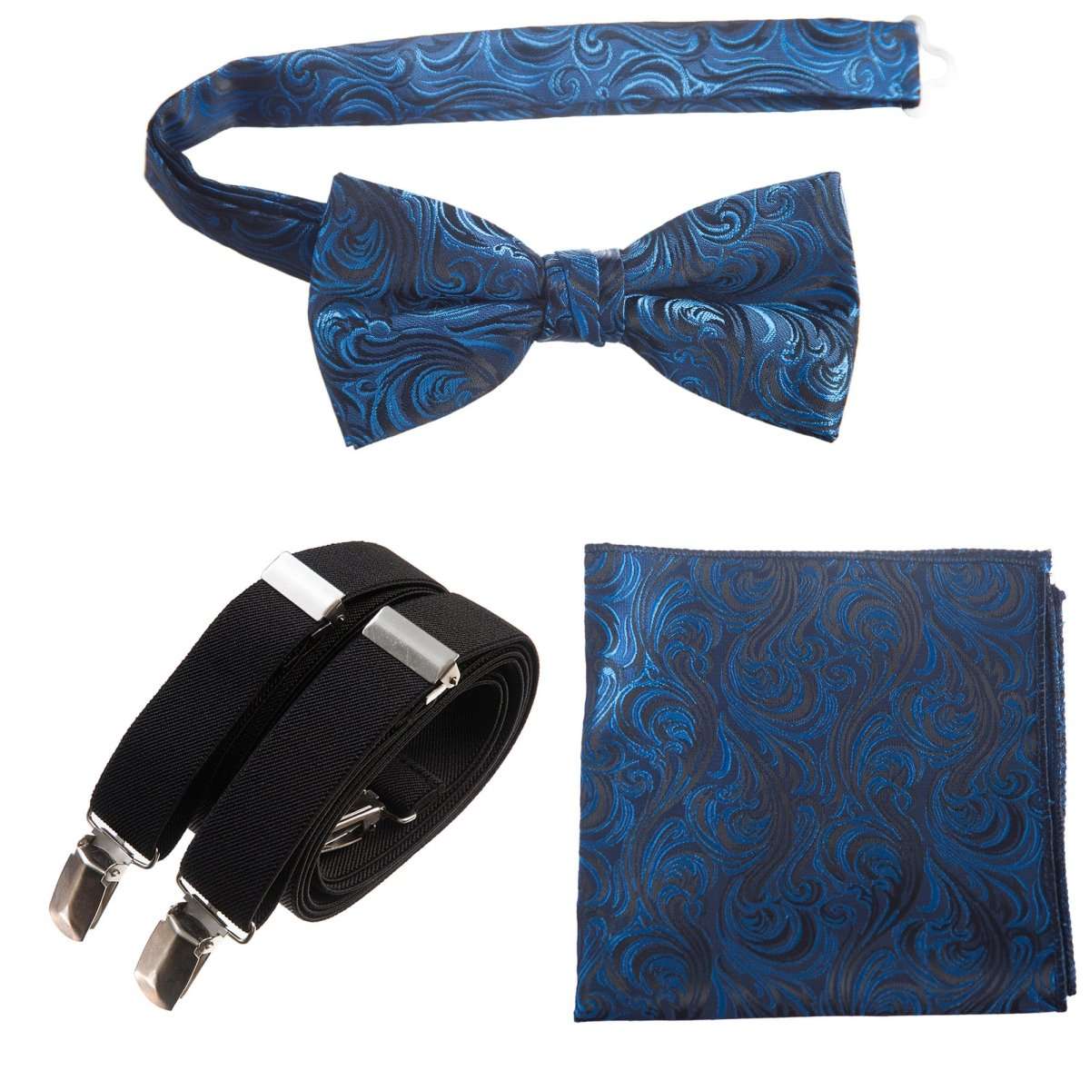 Pre - tied Bow Tie & Pocket Square Paisley Jacquard with Adjustable Stretch Suspender - Tuxgear