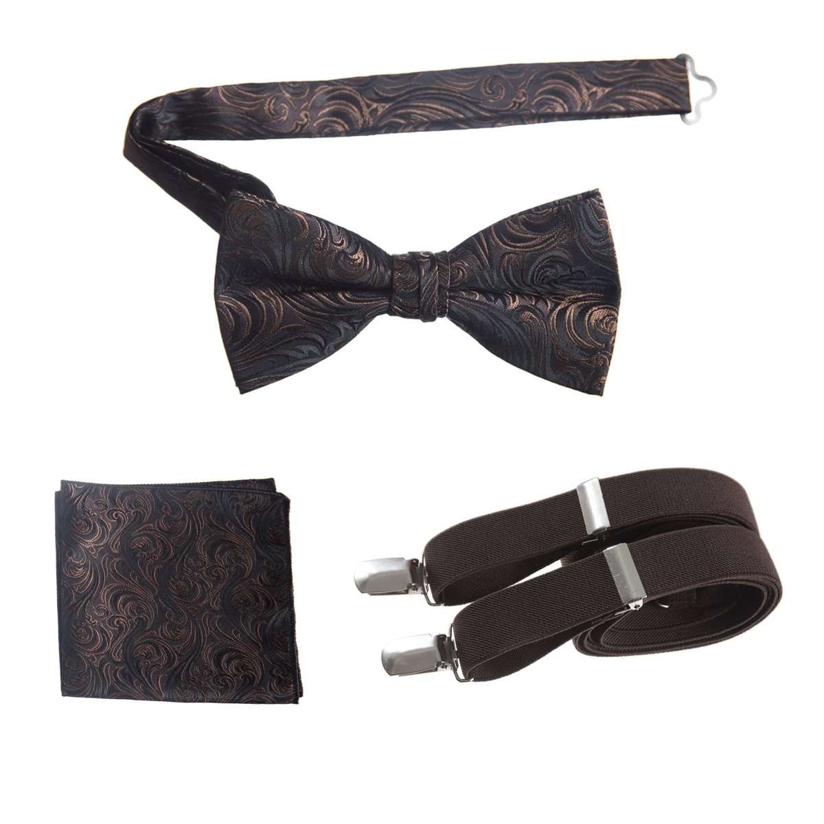 Pre - tied Bow Tie & Pocket Square Paisley Jacquard with Adjustable Stretch Suspender - Tuxgear