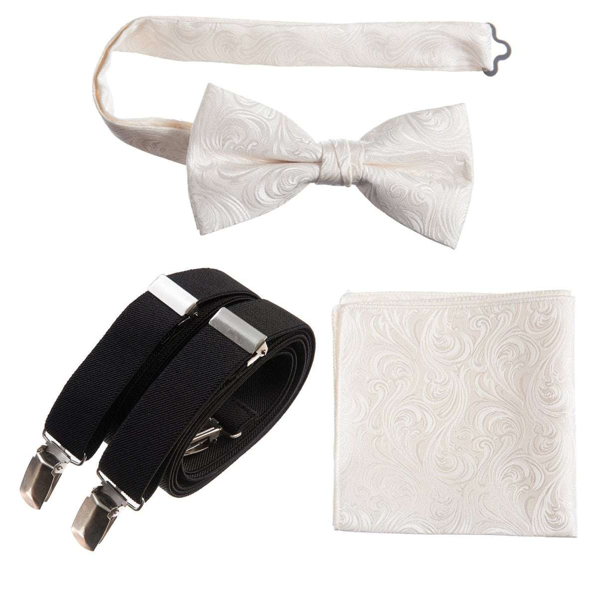Pre - tied Bow Tie & Pocket Square Paisley Jacquard with Adjustable Stretch Suspender - Tuxgear
