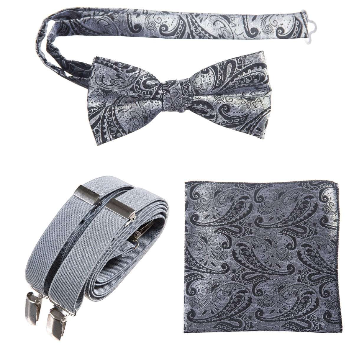 Pre - tied Bow Tie & Pocket Square Paisley Jacquard with Adjustable Stretch Suspender - Tuxgear