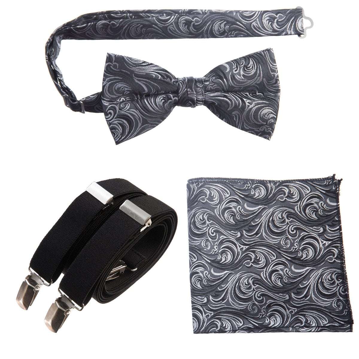 Pre - tied Bow Tie & Pocket Square Paisley Jacquard with Adjustable Stretch Suspender - Tuxgear