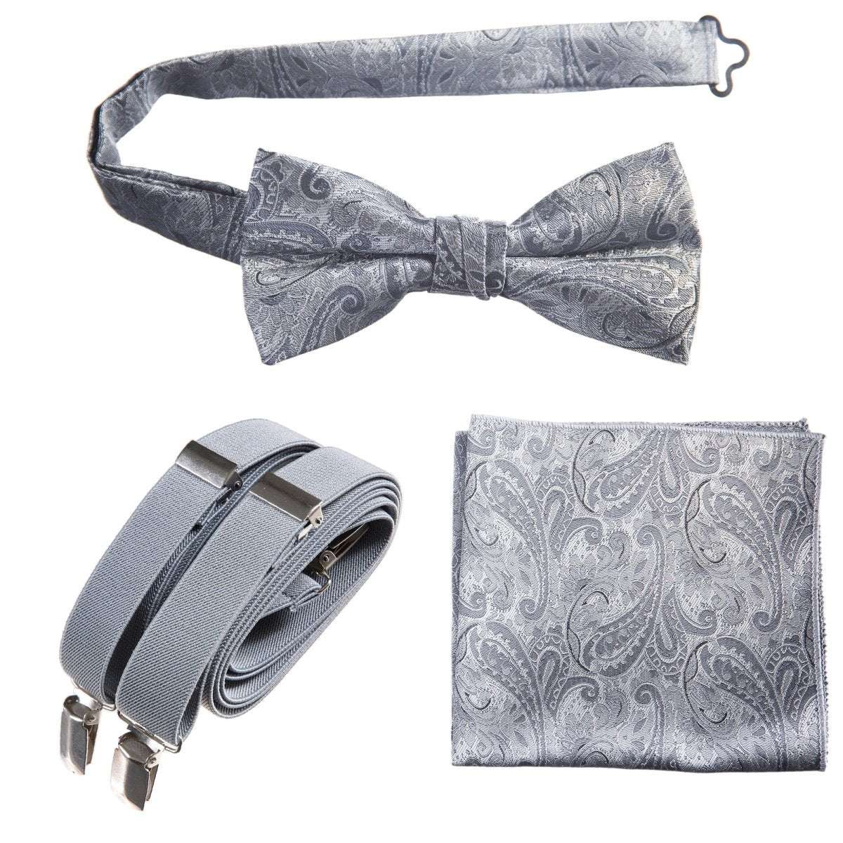 Pre - tied Bow Tie & Pocket Square Paisley Jacquard with Adjustable Stretch Suspender - Tuxgear