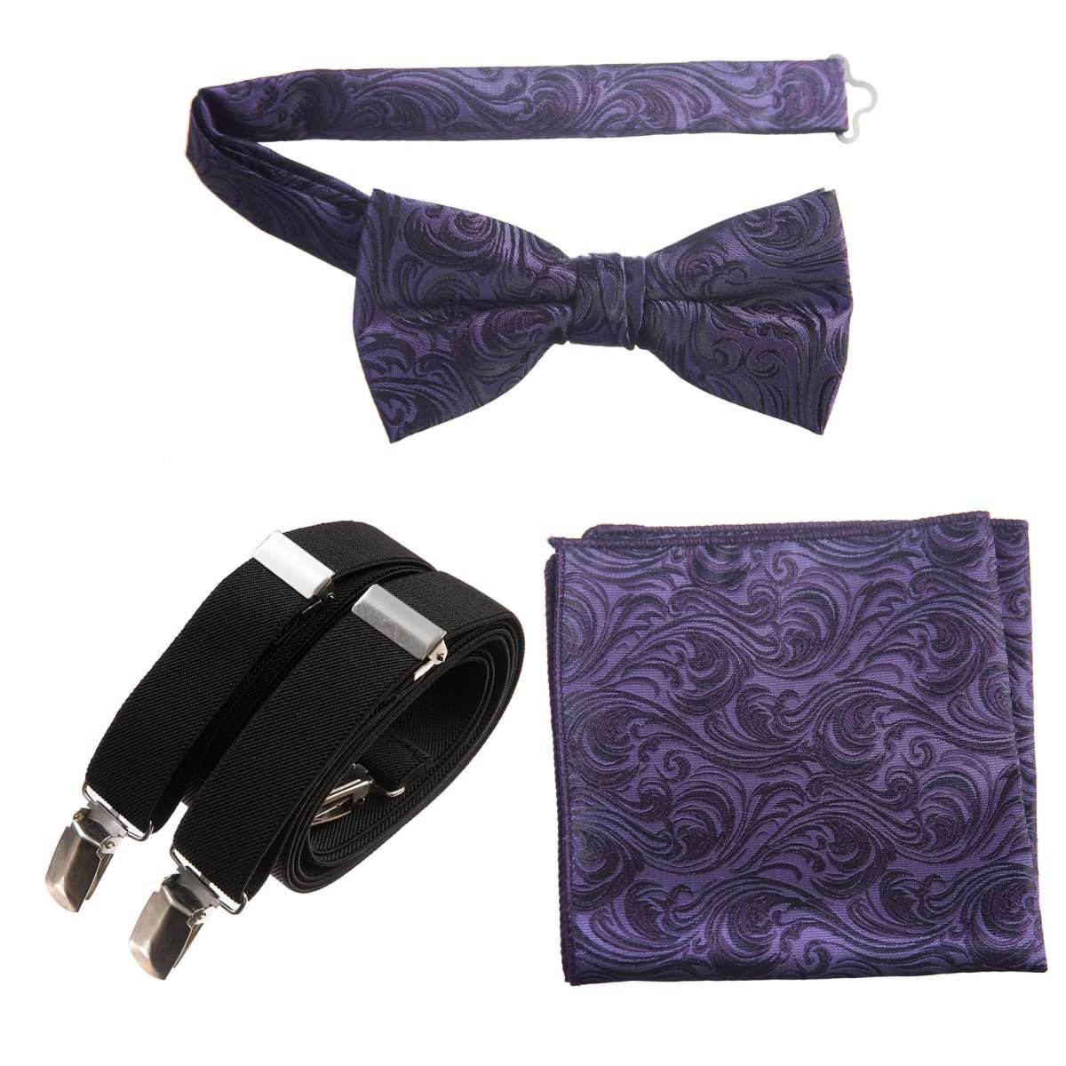 Pre - tied Bow Tie & Pocket Square Paisley Jacquard with Adjustable Stretch Suspender - Tuxgear
