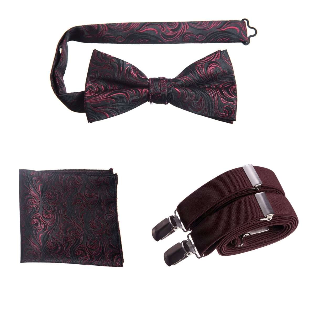Pre - tied Bow Tie & Pocket Square Paisley Jacquard with Adjustable Stretch Suspender - Tuxgear
