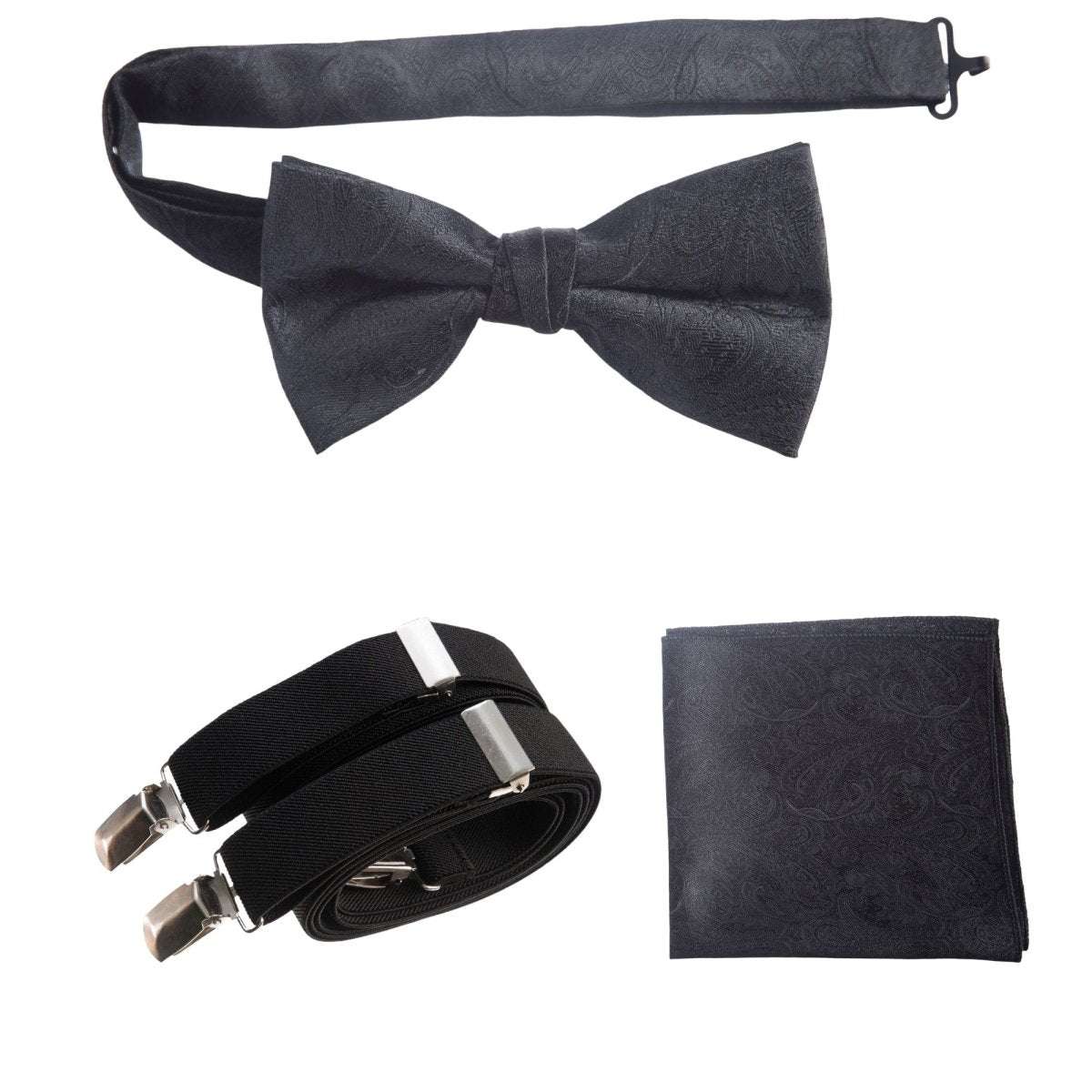 Pre - tied Bow Tie & Pocket Square Paisley Jacquard with Adjustable Stretch Suspender - Tuxgear
