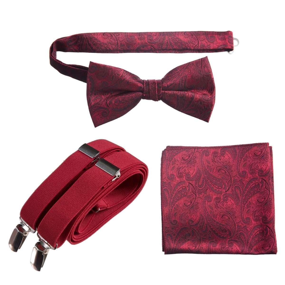Pre - tied Bow Tie & Pocket Square Paisley Jacquard with Adjustable Stretch Suspender - Tuxgear
