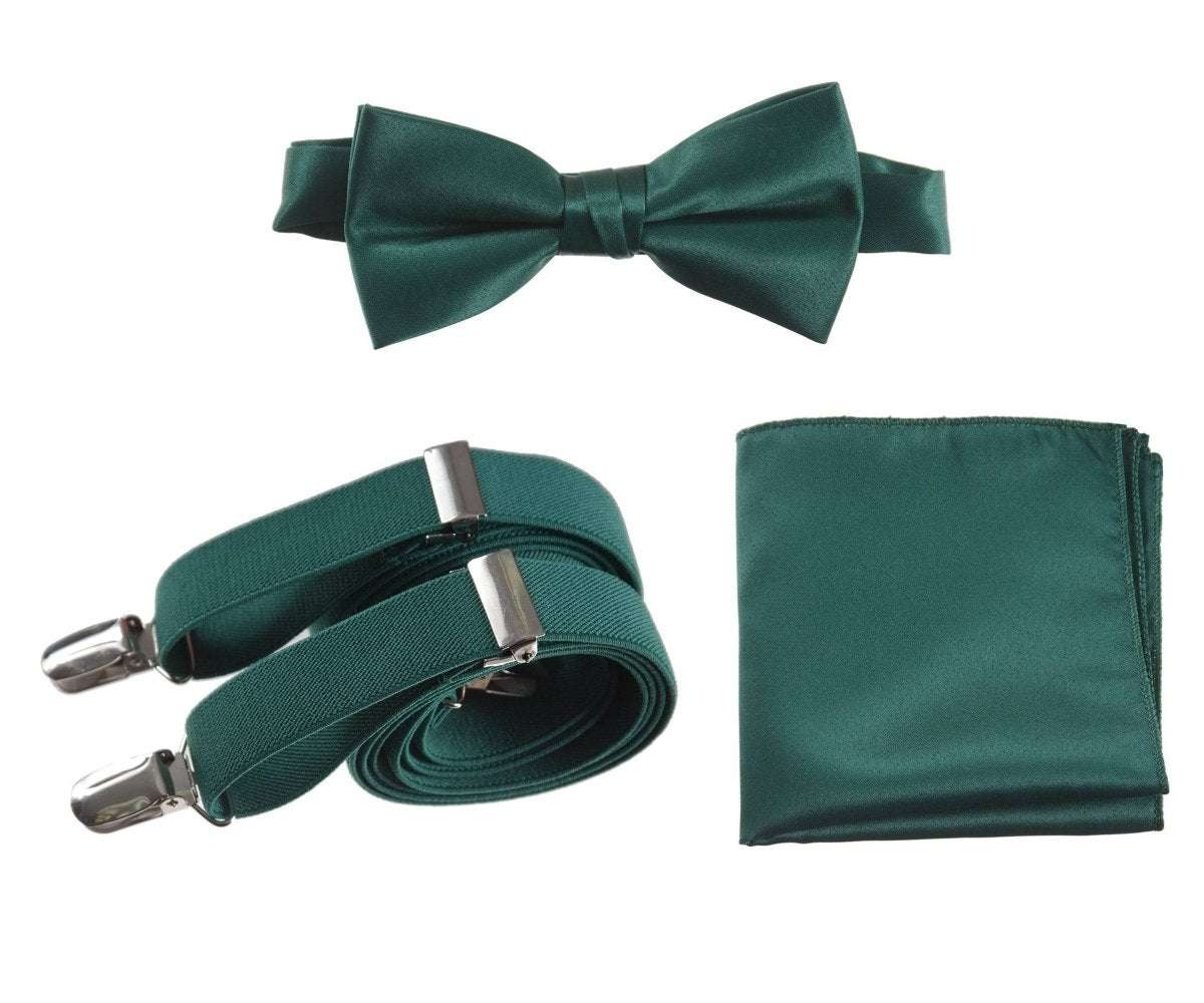 Pre - tied Satin Bow Tie & Pocket Square with Adjustable Stretch Elastic Suspender - Tuxgear