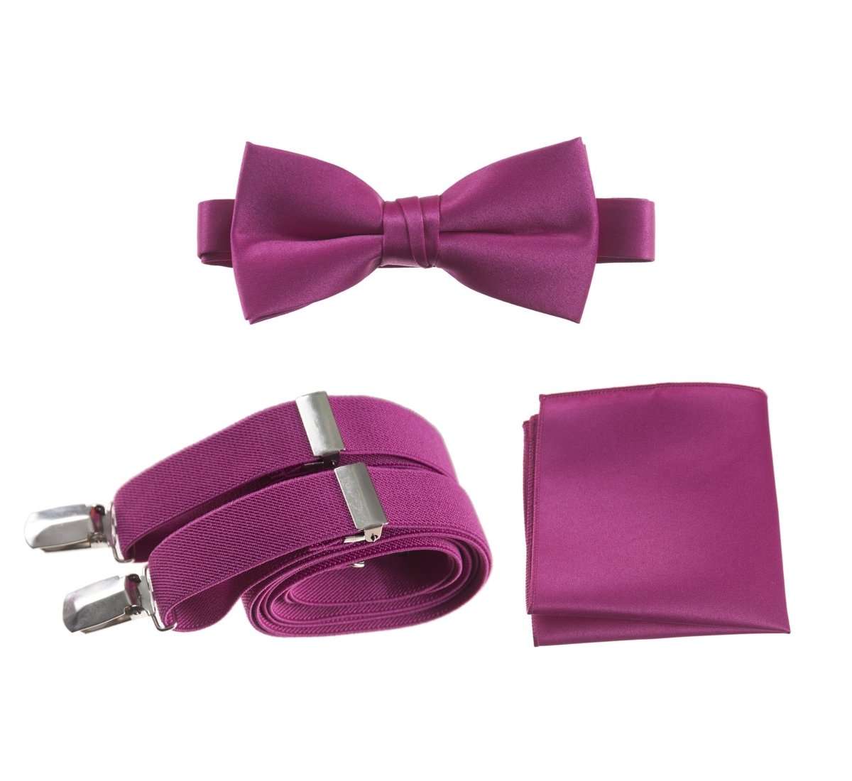 Pre - tied Satin Bow Tie & Pocket Square with Adjustable Stretch Elastic Suspender - Tuxgear