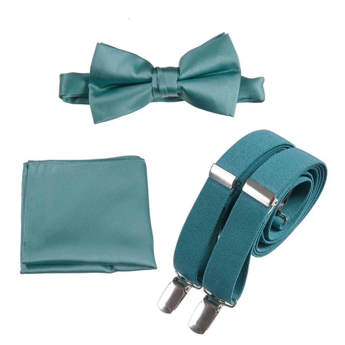 Pre - tied Satin Bow Tie & Pocket Square with Adjustable Stretch Elastic Suspender - Tuxgear