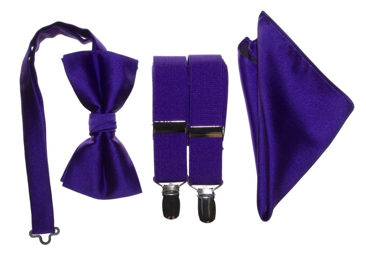 Pre - tied Satin Bow Tie & Pocket Square with Adjustable Stretch Elastic Suspender - Tuxgear