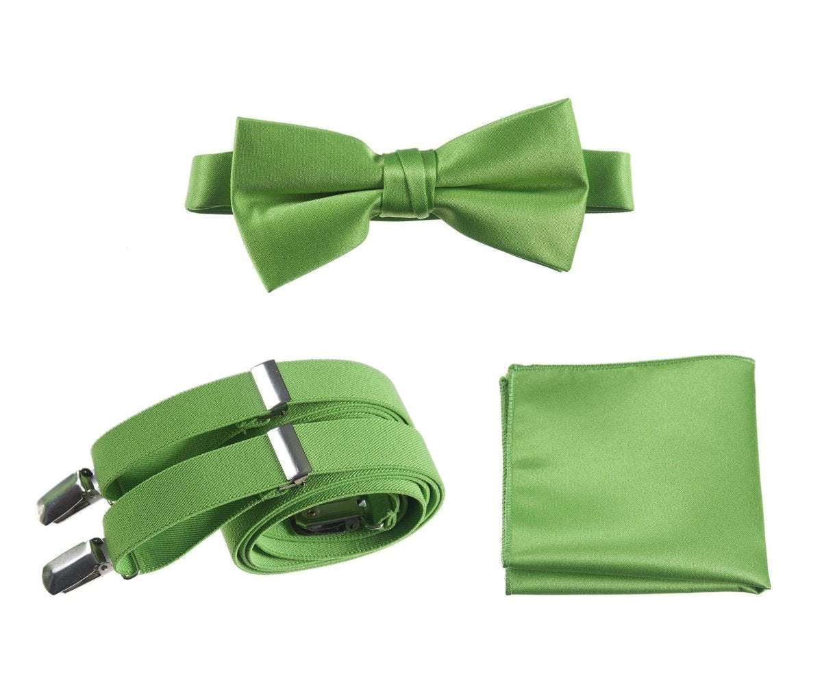 Pre - tied Satin Bow Tie & Pocket Square with Adjustable Stretch Elastic Suspender - Tuxgear