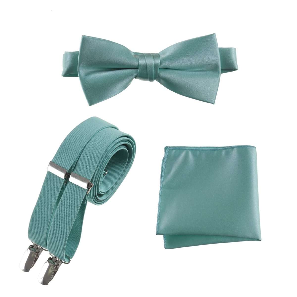 Pre - tied Satin Bow Tie & Pocket Square with Adjustable Stretch Elastic Suspender - Tuxgear